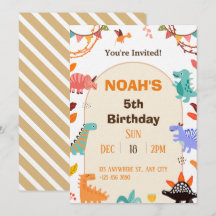 Beige Brown Cute Dinosaur Birthday Invitation card