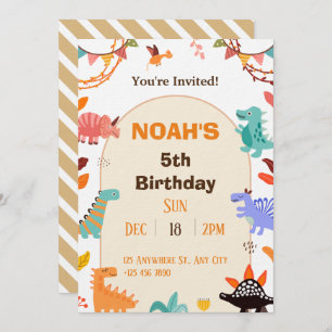 Beige Brown Cute Dinosaur Birthday Invitation card Kaart