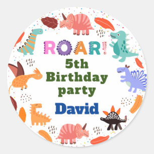 Beige Brown Cute Dinosaur Birthday party Ronde Sticker