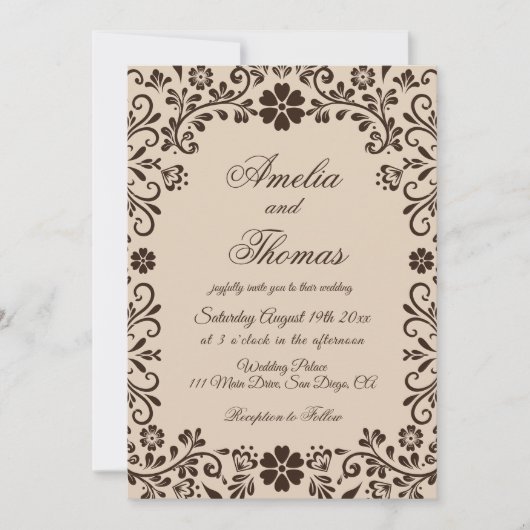 Beige Brown Elegant Garden Wedding  Invitation Kaart (Voorkant)