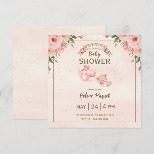 Beige Brown Floral Baby shower Save the Date (Voorkant / Achterkant)