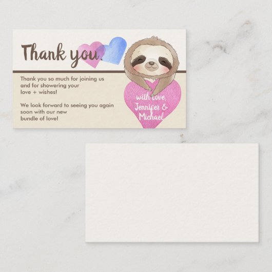 Beige Brown Heart Cute Baby Sloth Dank u Informatiekaartje (Voorkant / Achterkant)