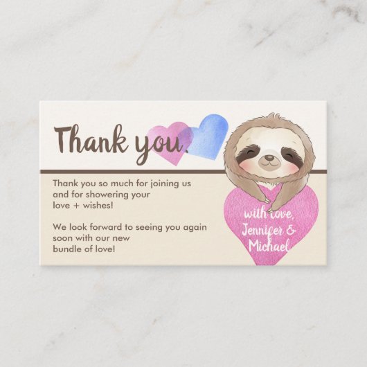 Beige Brown Heart Cute Baby Sloth Dank u Informatiekaartje (Voorkant)