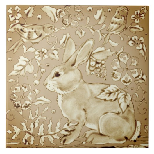 Beige Brown Ivory Bunny Rabbit Bird Leaf Tegeltje (Voorkant)