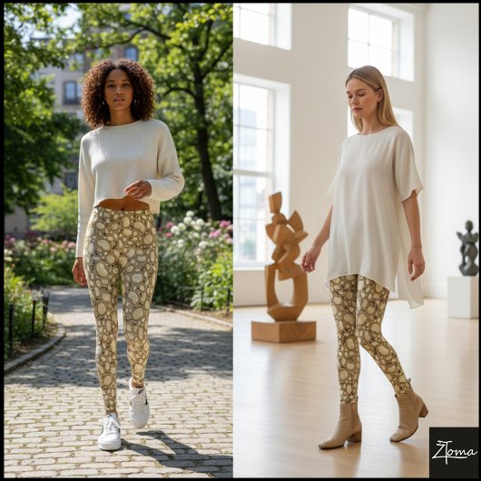 Beige Brown Organic Pebble Stone Repeat Pattern Leggings