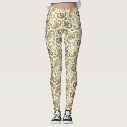 Beige-Brown Paisley Pattern Leggings (Voorkant)