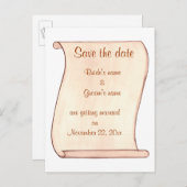 Beige Brown Scroll Sla de datum bruiloft briefkaar Aankondigingskaart (Voorkant / Achterkant)