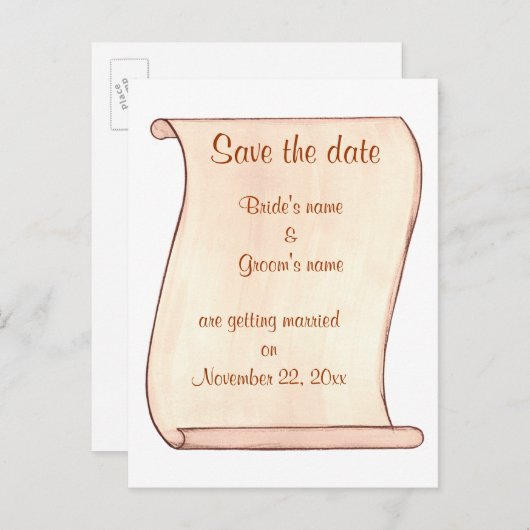 Beige Brown Scroll Sla de datum bruiloft briefkaar Aankondigingskaart (Voorkant / Achterkant)