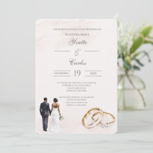 Beige bruid en bruidegom met ring Spaanse Trouwdag Kaart