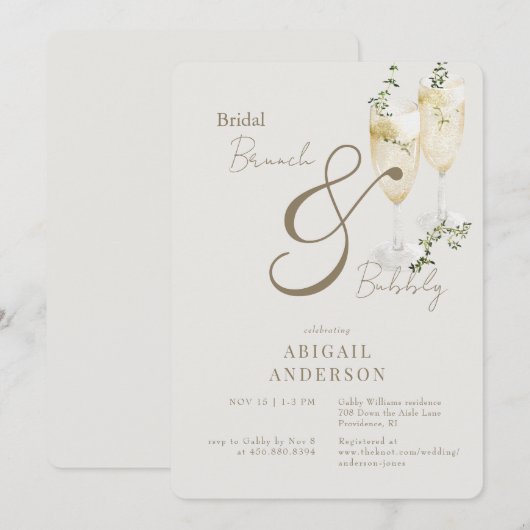 Beige bruids brunch & bubbeldouche kaart (Voorkant / Achterkant)