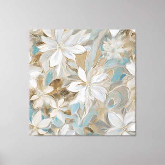 Beige Bruin Blauwgroen Blauw Bloemen Canvas Afdruk (Voorkant)