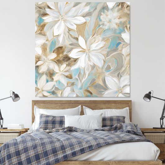 Beige Bruin Blauwgroen Blauw Bloemen Canvas Afdruk (Insitu (Slaapkamer))
