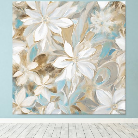 Beige Bruin Blauwgroen Blauw Bloemen Canvas Afdruk (Insitu (Houten vloer))