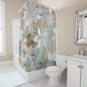 Beige Bruin Blauwgroen Blauw Bloemen Douchegordijn (In situ)