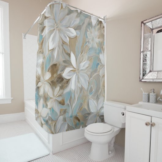 Beige Bruin Blauwgroen Blauw Bloemen Douchegordijn (In situ)