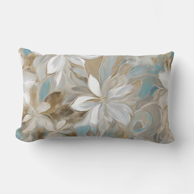 Beige Bruin Blauwgroen Blauw Bloemen Kussen (Voorkant)