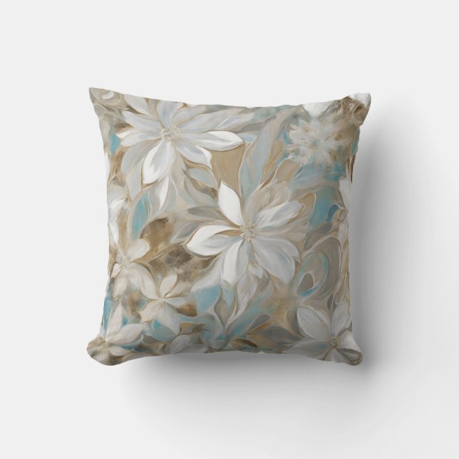 Beige Bruin Blauwgroen Blauw Bloemen Kussen (Voorkant)