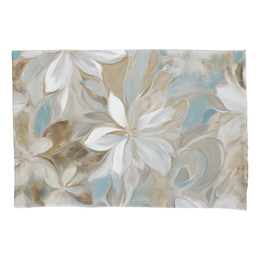 Beige Bruin Blauwgroen Blauw Bloemen Kussensloop (Voorkant)