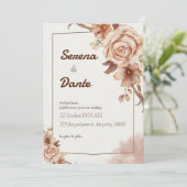 Beige & bruin bloemenbruiloft uitnodiging (Staand voorkant)