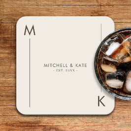 Beige Bruin Eenvoudig Monogram Bruiloft Kartonnen Onderzetters