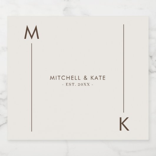 Beige Bruin Eenvoudig Monogram Bruiloft Sparkling Wijnetiket (Enkel label)