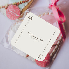 Beige Bruin Eenvoudige Lijn Monogram Bruiloft Vierkante Sticker