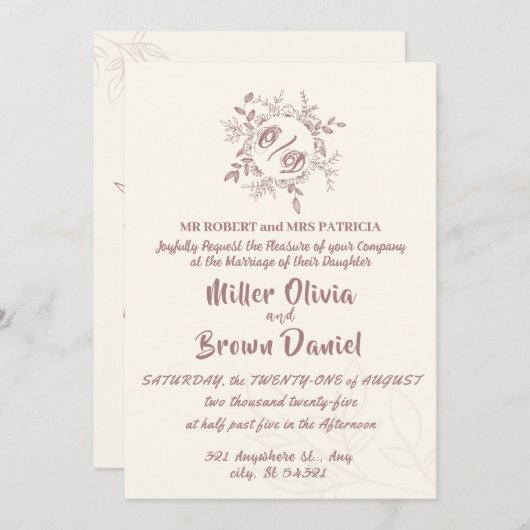 Beige Bruin Elegante Bloemen bruiloft uitnodiging (Voorkant / Achterkant)