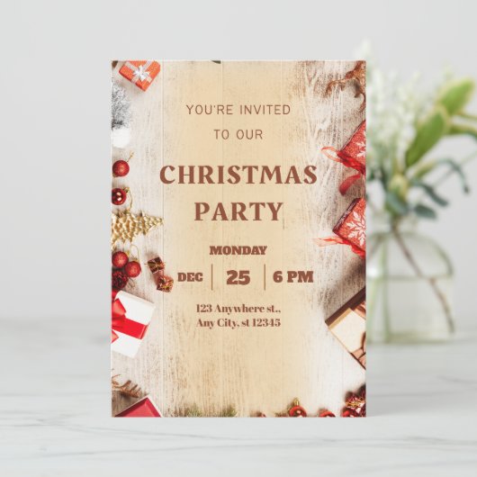 Beige Bruin Moderne Uitnodiging van het Kerstmispa (Staand voorkant)