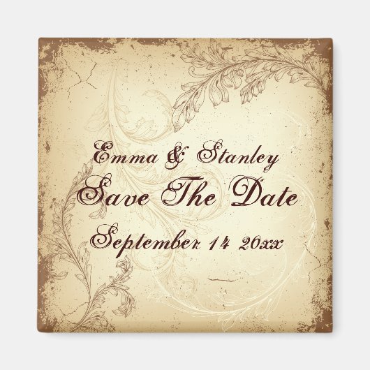Beige bruin  scrollblad Save the Date Magneet (Voorkant)