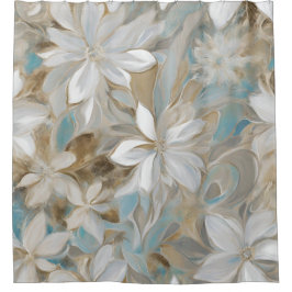 Beige Bruin Teal Blauw Bloemmotief Douchegordijn