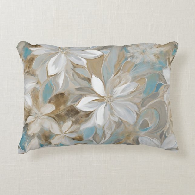 Beige Bruin Turquoise Blauwe Bloem Accent Kussen (Voorkant)