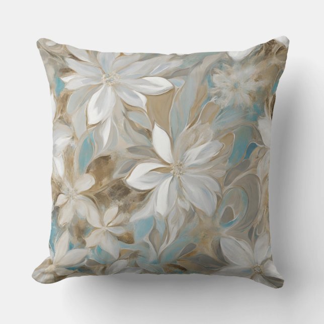 Beige Bruin Turquoise Blauwe Bloemen Kussen (Voorkant)