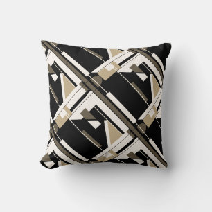 Beige Bruin Zwart Wit Diagonaal Geometrisch Ontwer Kussen