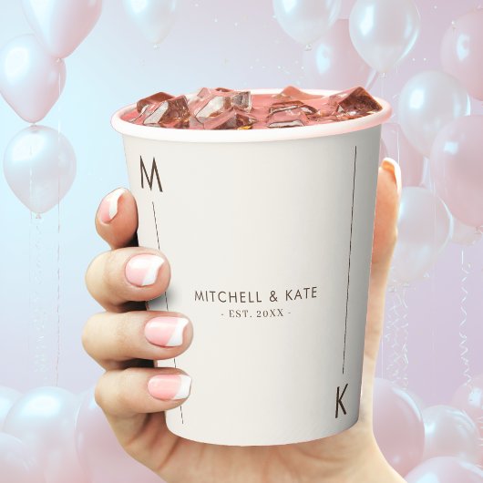 Beige Bruine Eenvoudige Lijn Monogram Huwelijk Papieren Bekers