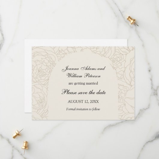 Beige bruine elegante bruiloft save the date (Voorkant / Achterkant in situ)