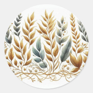 Beige bruine grijze bladeren natuur aquarel wijnra ronde sticker