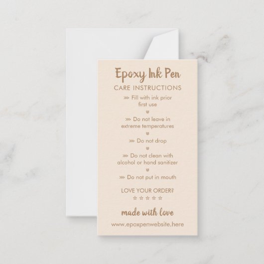Beige bruine verzorging instructies voor Epoxy Pen Notitiekaartje (Voorkant)