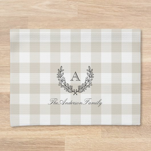 Beige Buffalo Check Laurel WreatFamily Monogram Theedoek