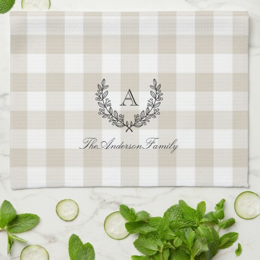 Beige Buffalo Check Laurel WreatFamily Monogram Theedoek (Gevouwen)
