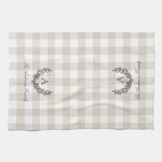 Beige Buffalo Check Laurel WreatFamily Monogram Theedoek (Horizontaal)