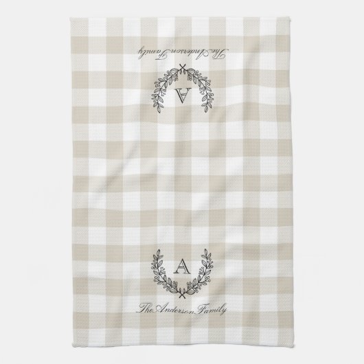 Beige Buffalo Check Laurel WreatFamily Monogram Theedoek (Verticaal)