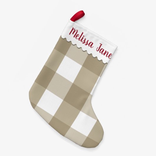Beige Buffalo Check Monogram Kleine Kerstsok (Voorkant (Hangend))