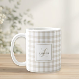 Beige Buffalo geruite cadeau met initiële naam Koffiemok