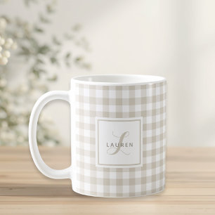 Beige Buffalo geruite cadeau met initiële naam Koffiemok