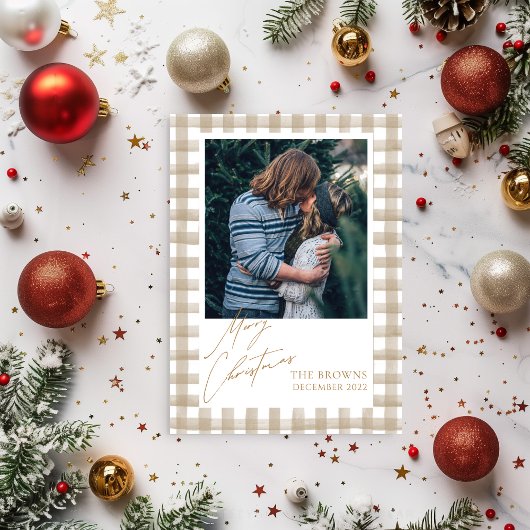 Beige Buffalo Plaid with Photo Christmas Card Kaart