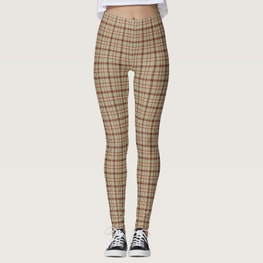 Beige Burgundy White Plaid Classic Leggings (Voorkant)