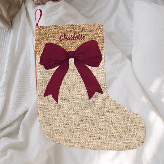 Beige burlap bordeaux boognaam kleine kerstsok