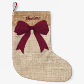 Beige burlap bordeaux boognaam kleine kerstsok (Voorkant)