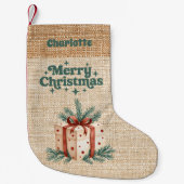 Beige burlap cadeau doos naam retro Vrolijk Kerstf Kleine Kerstsok (Voorkant)