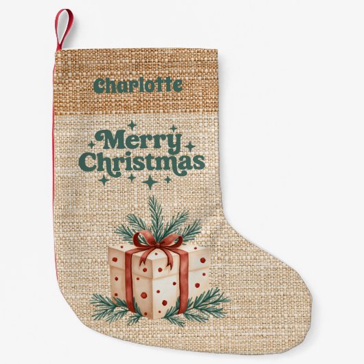 Beige burlap cadeau doos naam retro Vrolijk Kerstf Kleine Kerstsok (Voorkant)